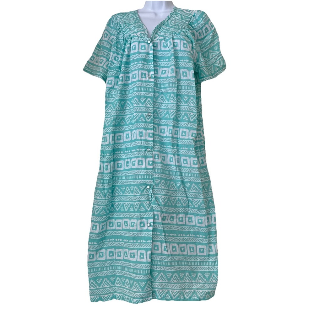 Elegant‎ Emily Duster House Coat Robe Duster Sz L Green Geometric Print Cottage